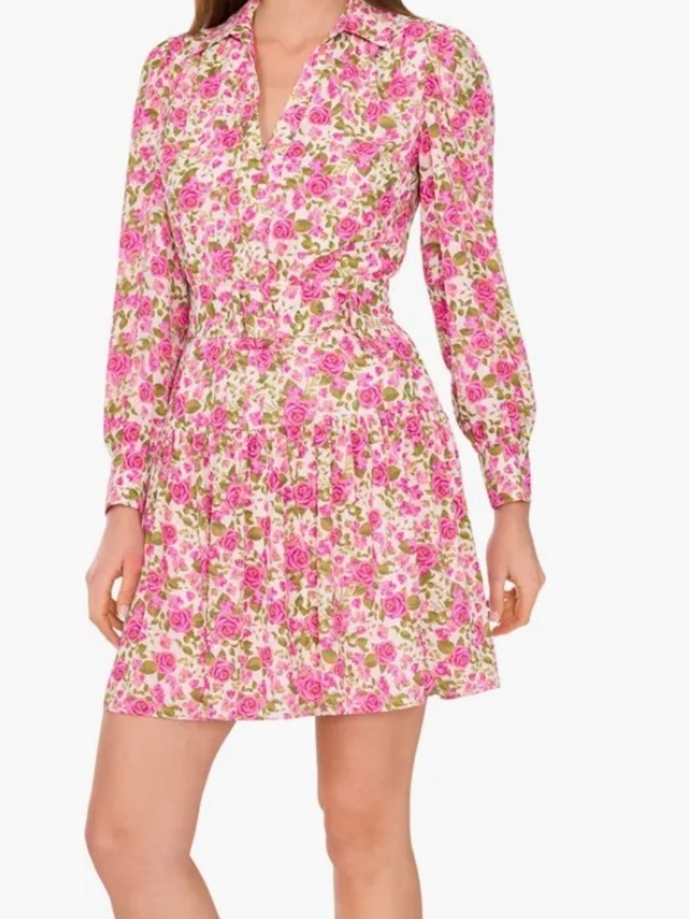 CeCe Floral Long Sleeve Belted Shirtdress